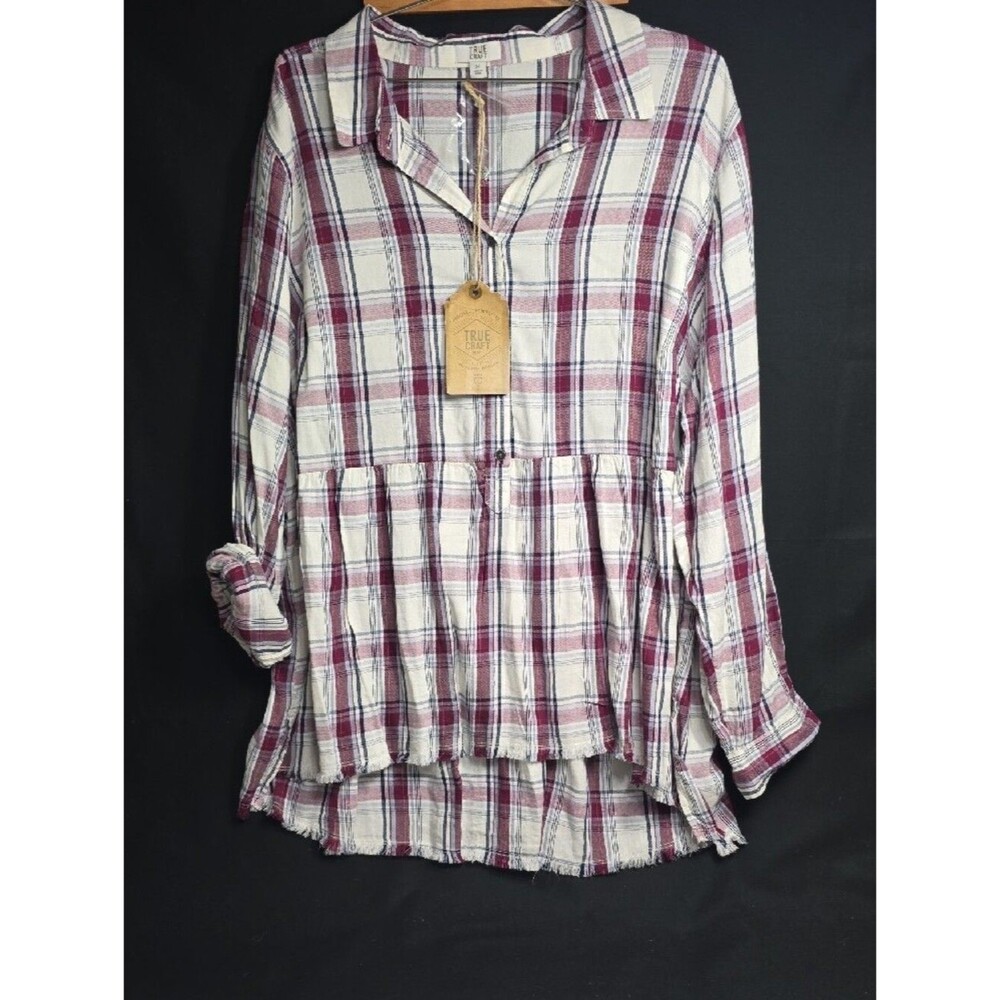 NWT True Craft Burgundy, White, & Navy Plaid Peplum Tunic